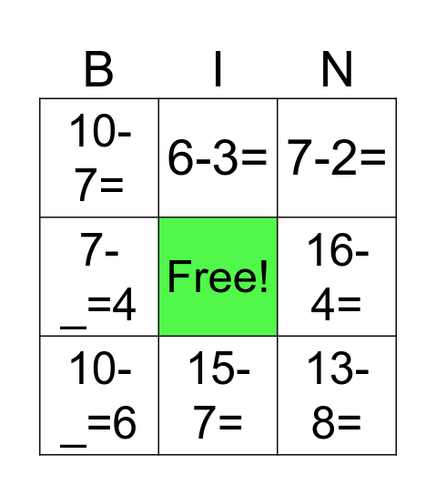 1st grade Subtraction Bingo Card