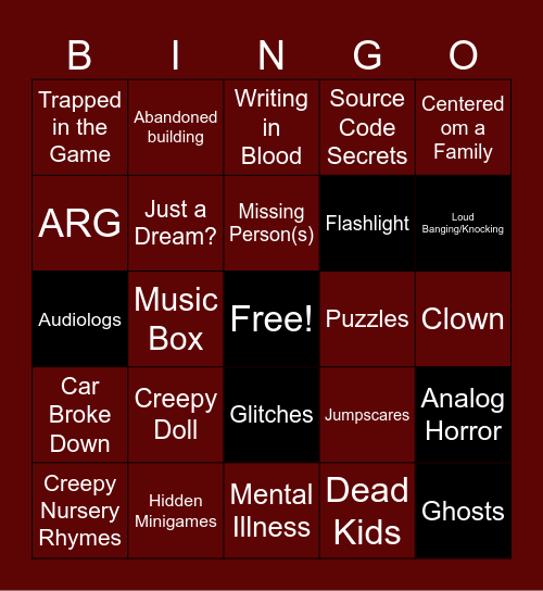 Indie Horror Game Bingo Card