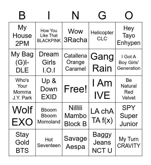 Kpop Meme Songs Bingo Card
