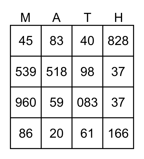2- and 3- digit Divisibility Rules Bingo Card