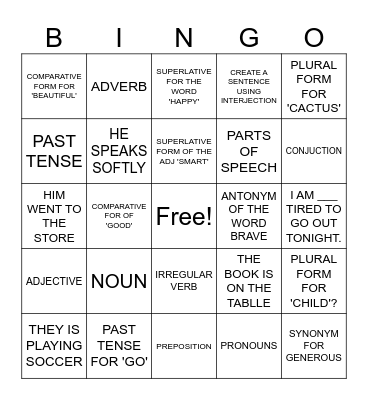 ENGLISH Bingo Card