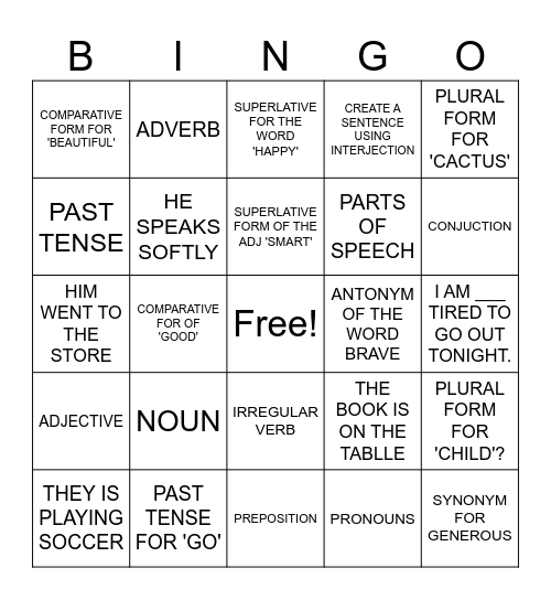 ENGLISH Bingo Card