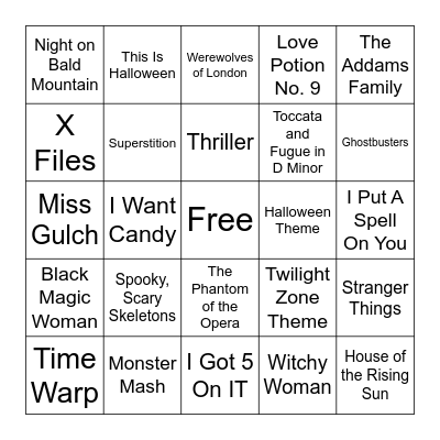 Halloween Music Bingo Card