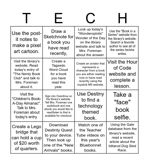 Teen Tech Week Bingo Card