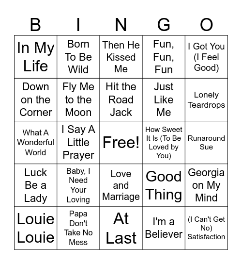 60's Hit Mix - Set 1 Bingo Card