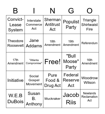 Progressive Era Bingo Card