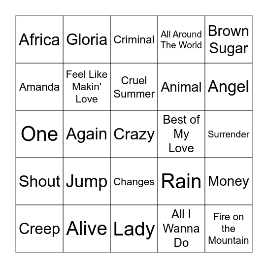 Same Name, Different Song Bingo Card