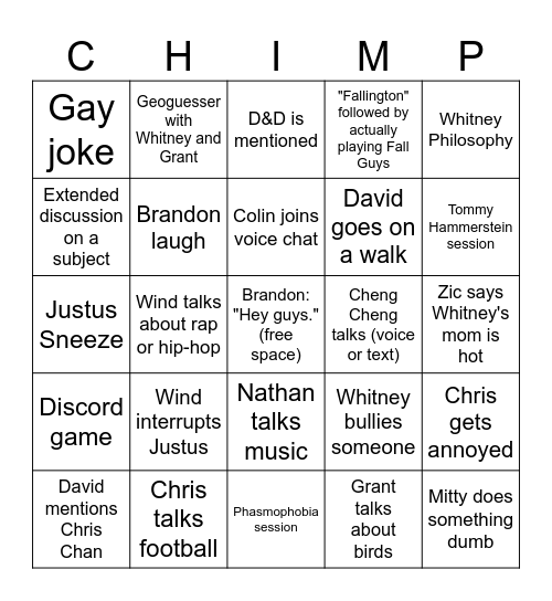 Chimp Channel Bingo Card