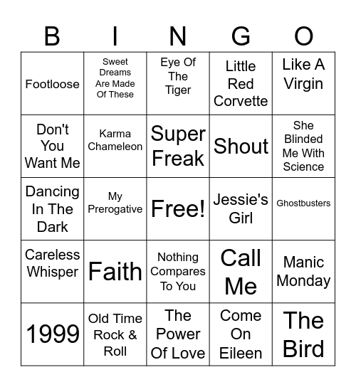 80's Hits Bingo Card