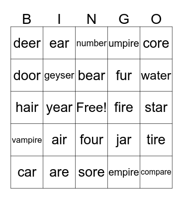 vowel + r Bingo Card