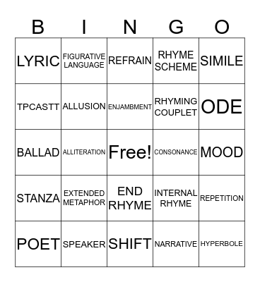 POETRY TERMS Bingo Card