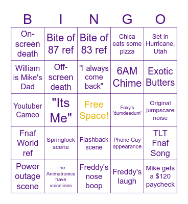 Fnaf Movie Bingo Card