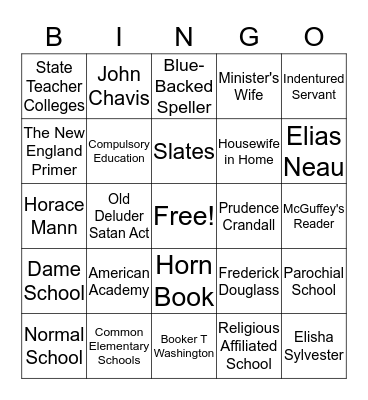History of American Education Project Bingo Card