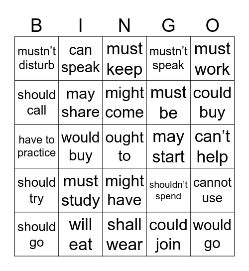 Modal Verbs Bingo Card