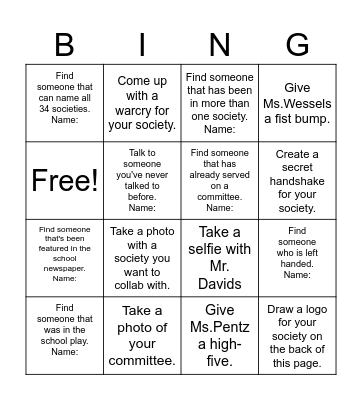 Societies Training Bingo Card