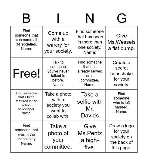 Societies Training Bingo Card