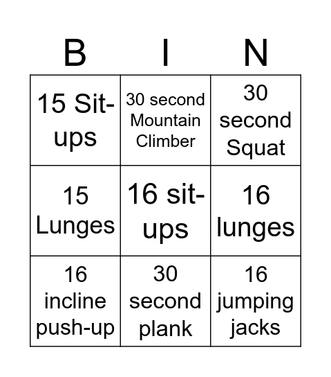 P.E. BINGO Card