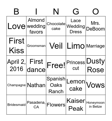 Rachel's Bridal Bingo Card