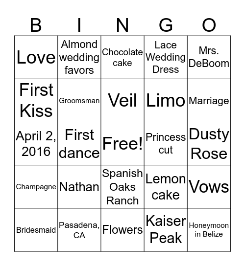 Rachel's Bridal Bingo Card