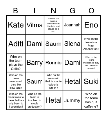 Team Trivia Bingo Card