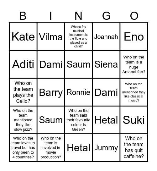 Team Trivia Bingo Card