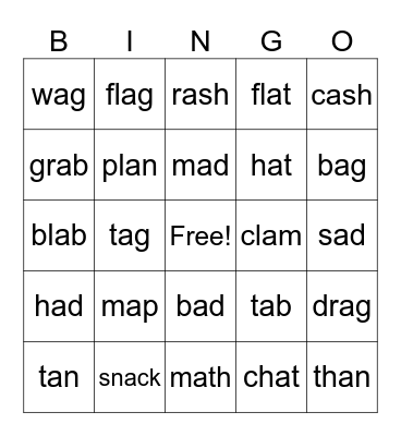 Short a Bingo Card