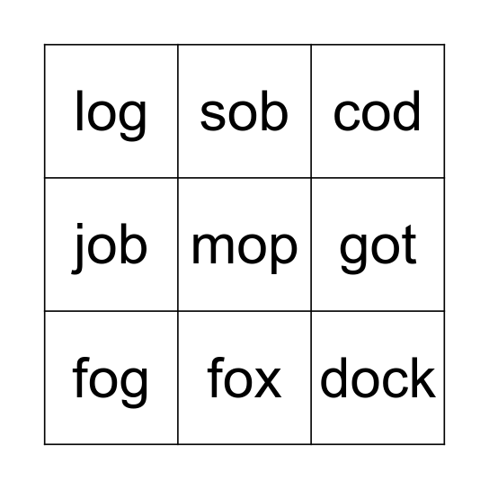 Short Vowel O Bingo Card