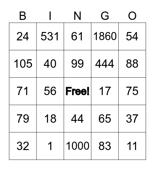 Zahlen 0-1000 Bingo Card