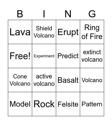 Volcano Vocabulary Bingo Card