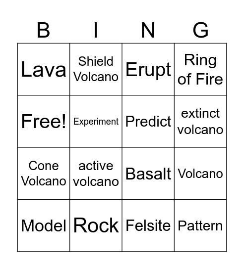 Volcano Vocabulary Bingo Card