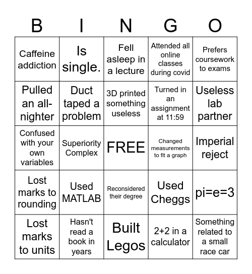 Mech Eng BINGO Card