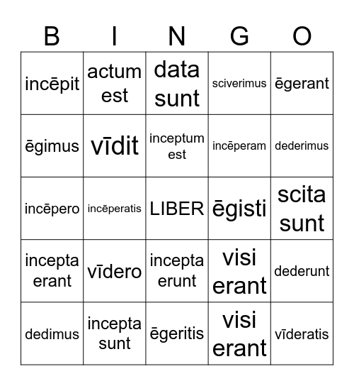 Perfect System Verbs Bingo Card