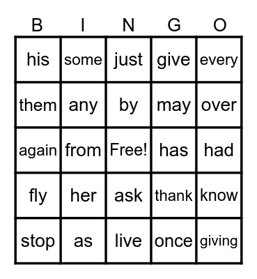 First Grade Sight Words Bingo Card