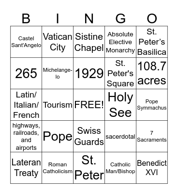 Vatican City Bingo Card