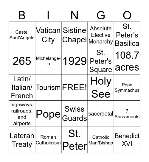 Vatican City Bingo Card