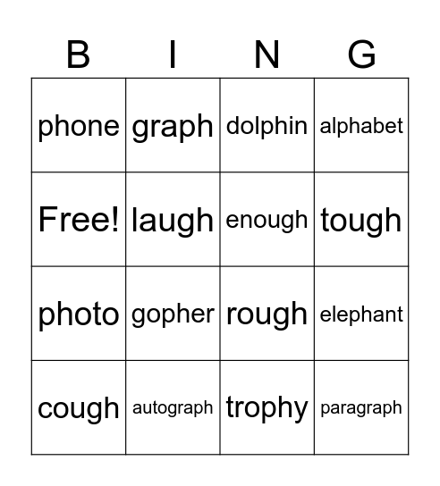 GH "F" Bingo Card