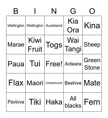 New Zealand BIngo Card