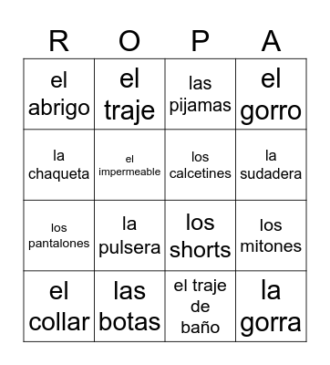 La ropa Bingo Card