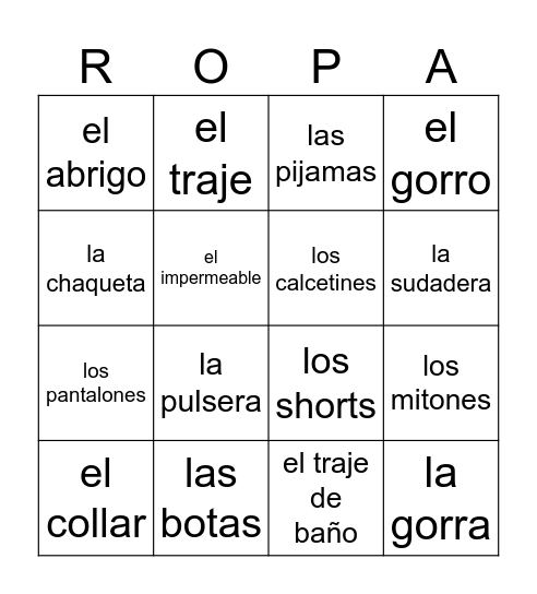 La ropa Bingo Card