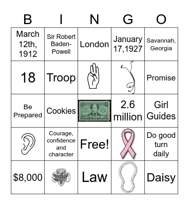 Girl Scout Founder's Day Bingo Card