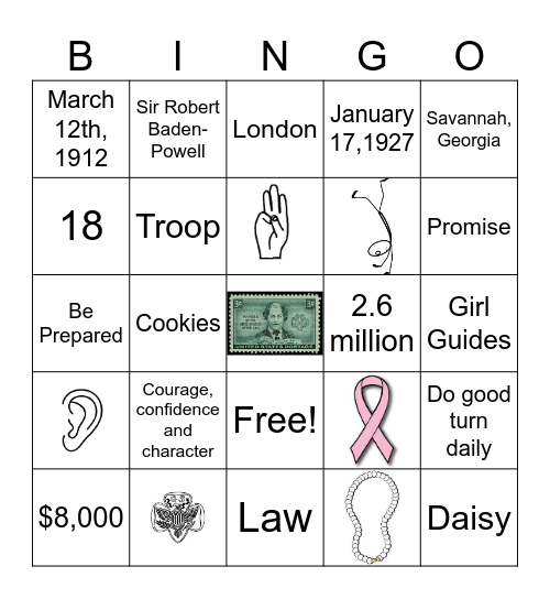 Girl Scout Founder's Day Bingo Card