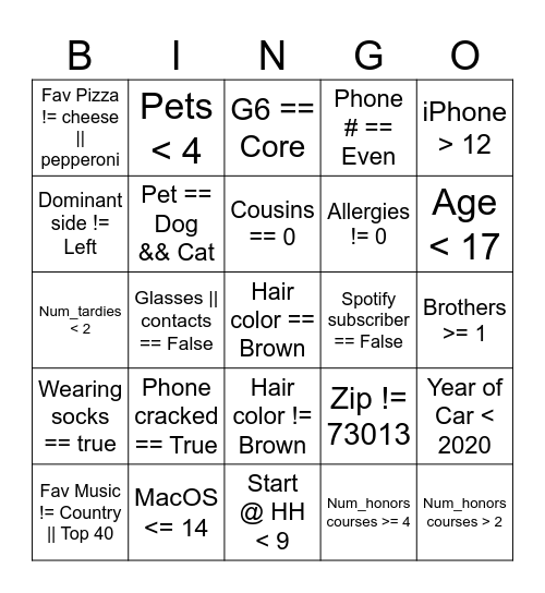 APCSP Boolean Bingo Card