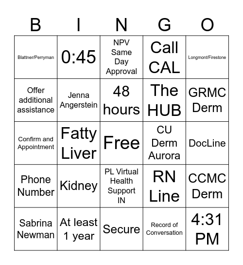 TX/Derm Bingo Card