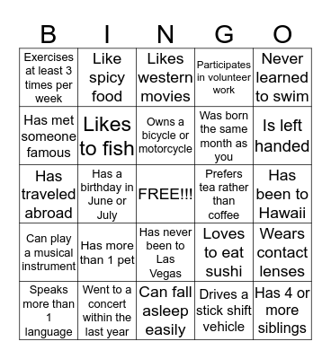 Getting to know YOU!!!! Bingo Card