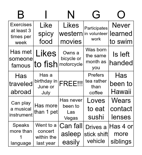 Getting to know YOU!!!! Bingo Card