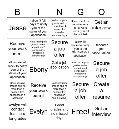 Work Permit Bingo Card