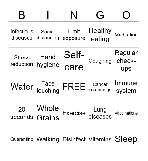 Healthy Living & Preventing Illness Bingo Card