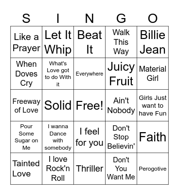 SINGO  80's Bingo Card