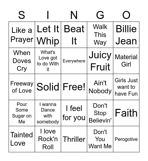SINGO  80's Bingo Card