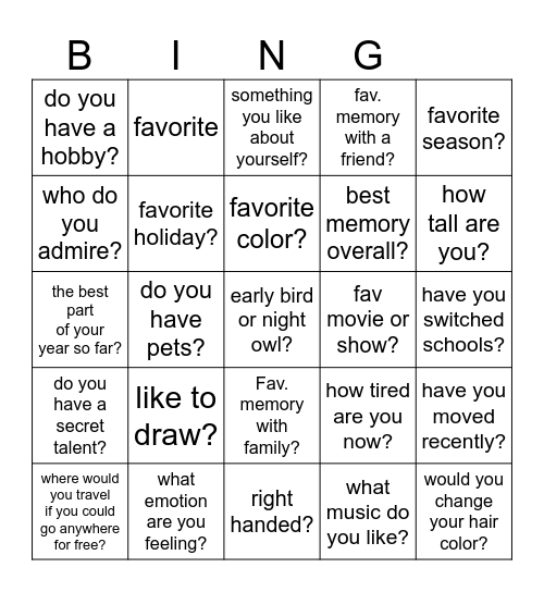 Get to Know You Bingo Card